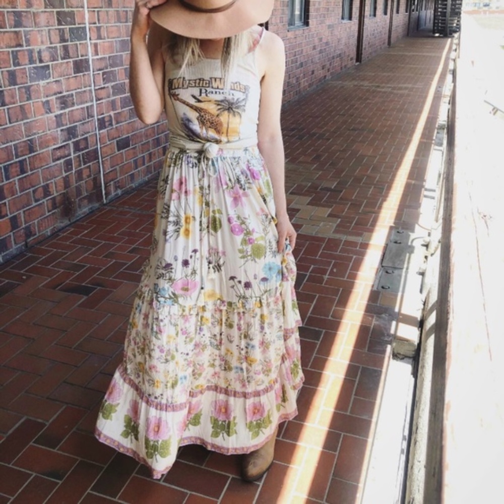boho Pink floral print ruffle hem maxi skirt gypsy - Picture 2 of 9